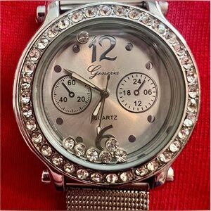 Geneva Silver Crystal Accent Mesh-Band Women's Watch